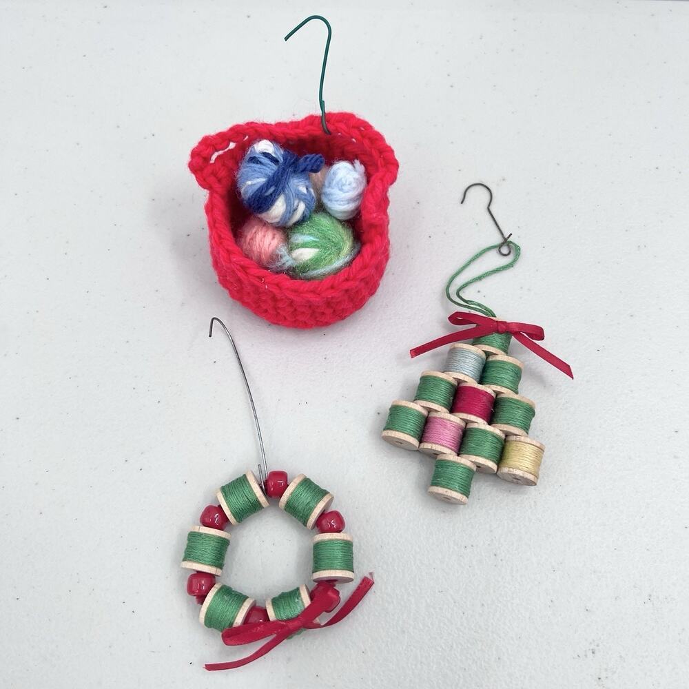 Lot of 3 Vintage Handmade Sewing Spool Wreath Tree Knitting Christmas Ornaments
